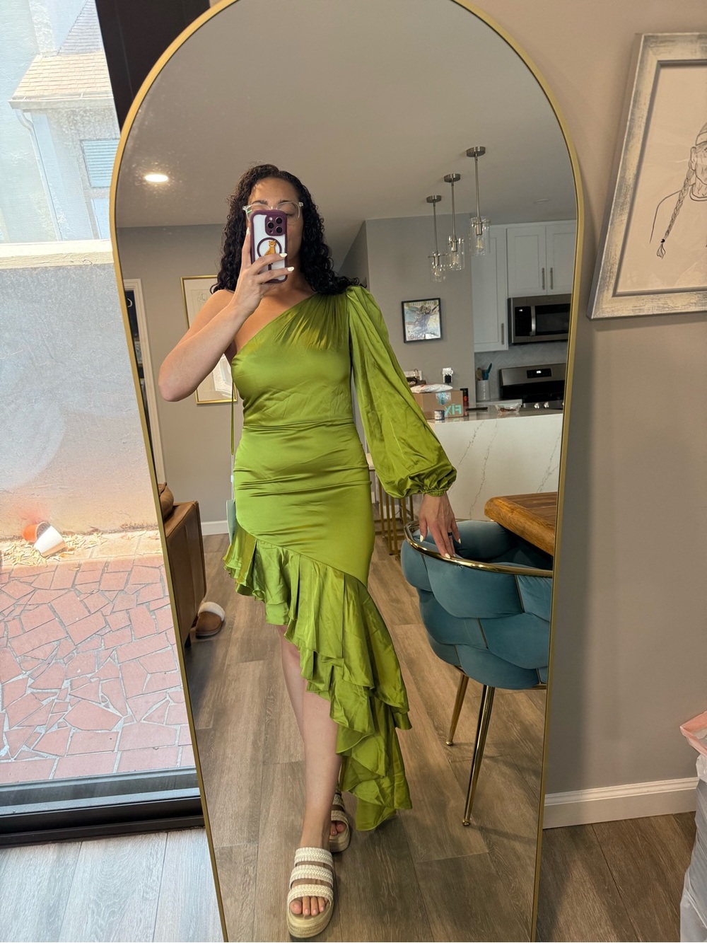 Mac Duggal One-Shoulder Asymmetrical Ruffle Dress in Chartreuse Green